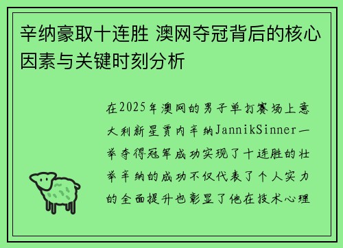 辛纳豪取十连胜 澳网夺冠背后的核心因素与关键时刻分析